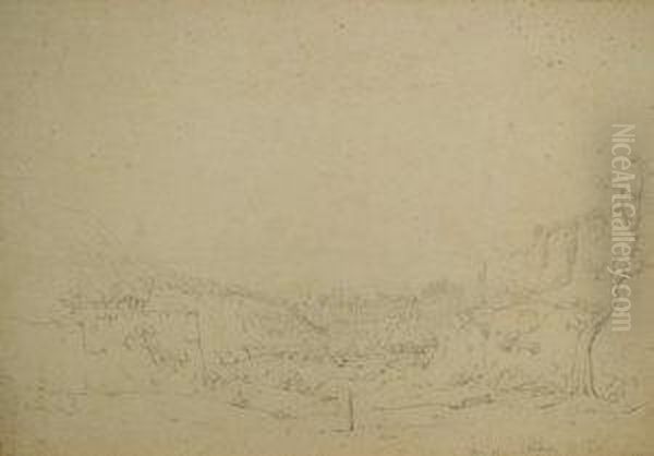 German -- Landscape In The Near East, Possibly Of Tyre, Lebanon, With A Figure Sketching. Woodland And A City With Minarets In The Distance; Pencil, Bears Initials, Inscription And Date, 37x55.3cm Oil Painting by Anton Ii Schranz