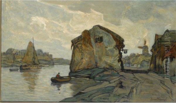 'het Oude Veerhuis' - The Old Ferry House Oil Painting by Bernard Schregel