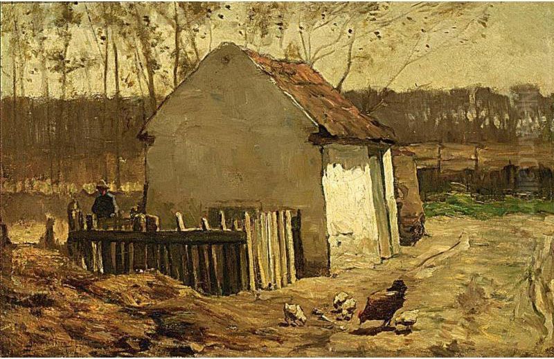 A Farmhouse In A Landscape With Chickens Nearby Oil Painting by Bernard Schregel