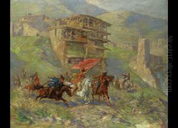 Kaukasischer Reiter Mit Flagge Oil Painting by Reinhold Schweitzer
