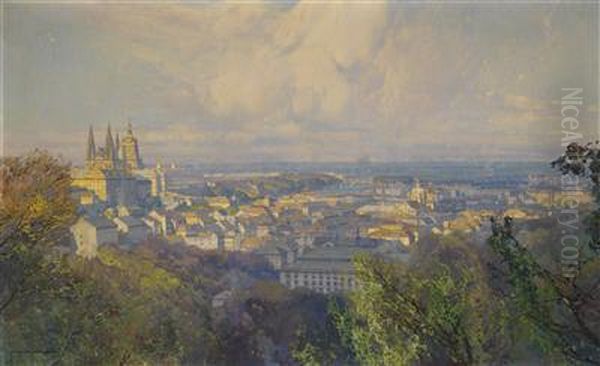 Panorama Over Prague Oil Painting by Jaroslav Setelik