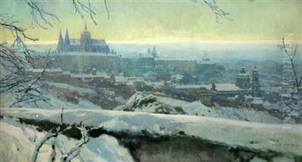 A Prague Castle Panorama In Winter Oil Painting by Jaroslav Setelik
