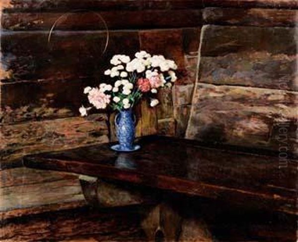 Interno Con Vaso Di Fiori Sultavolo Oil Painting by Aldo Severi