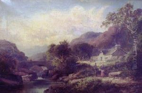 Figures By A Farmhouse And Bridge Oil Painting by Thomas, of Pall Mall Butler