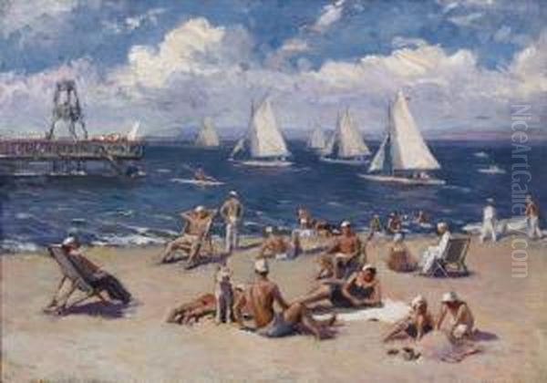 Beach Scene With Sailboats Oil Painting by Boris Shaposhnikov
