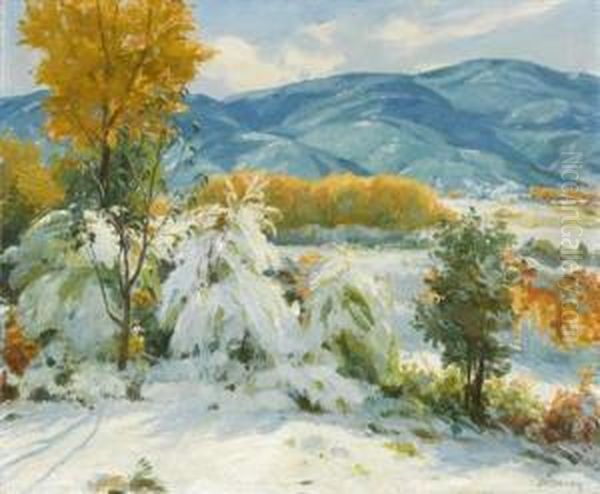 October Snow - Taos Valley (from My Studio) Oil Painting by Joseph Henry Sharp