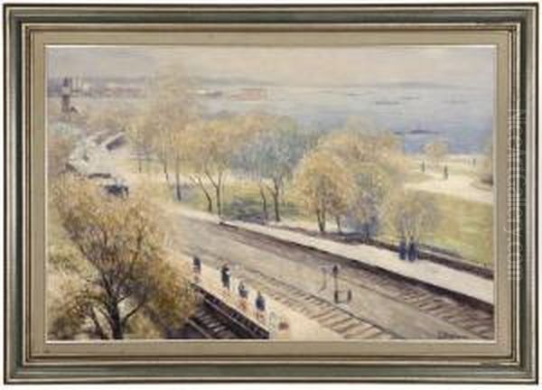 Train Stop Near Oil Painting by Gail Corbett Sherman