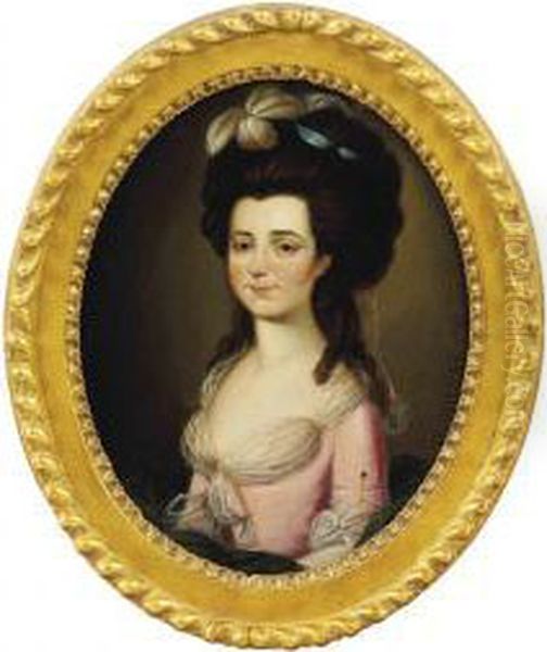 Portrait Of A Young Lady, Small-bust-length, In A Pink Silk Dressand Green Wrap Oil Painting by William Shuter