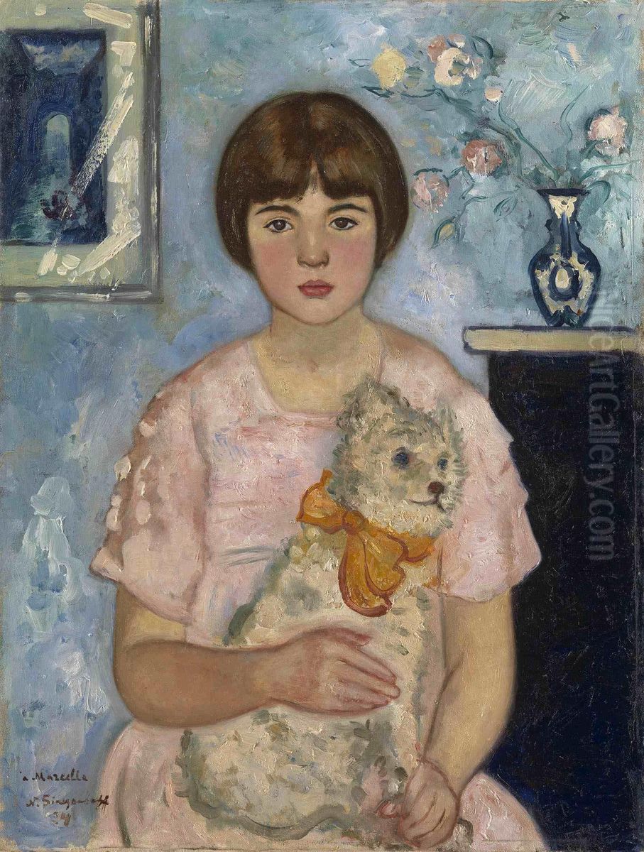 Girl With A Teddy Bear Oil Painting by Nicolas Sinezouboff