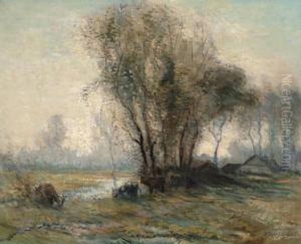 Cows By A Pond Oil Painting by Frans Slager