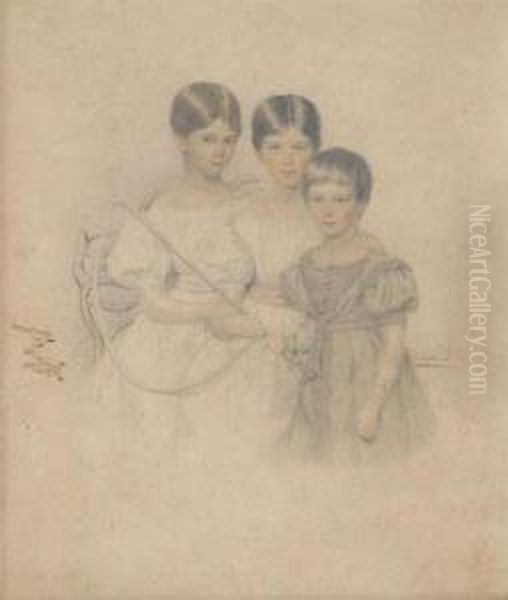 Three Children By A Bench Oil Painting by Josiah Slater