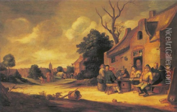 Peasants Outside A Tavern, A Village With A Market Beyond Oil Painting - Pieter de Bloot