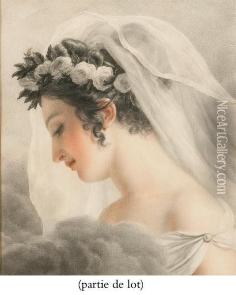 Tete De Femme Portant Un Voile Et Couronnee De Fleurs Oil Painting - Casimir Carbonnier