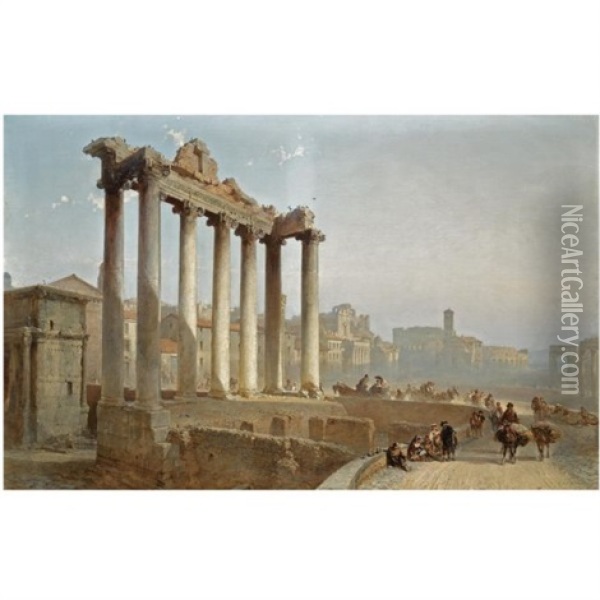 Figures Near The Temple Of Saturn On The Forum Romanum, Rome Oil Painting - Alfred Eduard Agenor de Bylandt