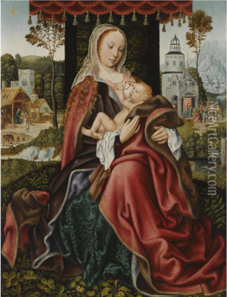 The Virgin And Child In A 
Landscape Setting, With The Nativity Andthe Adoration Of The Magi In The
 Background Oil Painting - The Master Of Frankfurt