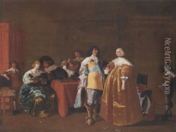 An Elegant Company Drinking And Playing Backgammon In An Interior Oil Painting - Anthonie Palamedesz