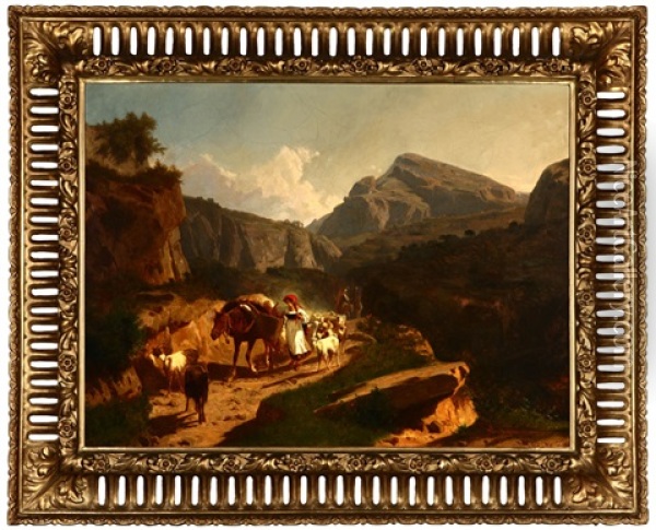 Figure, Horse-drawn Cart And Goats Along A Mountain Path In An Expansive European Landscape Oil Painting - Andras Marko