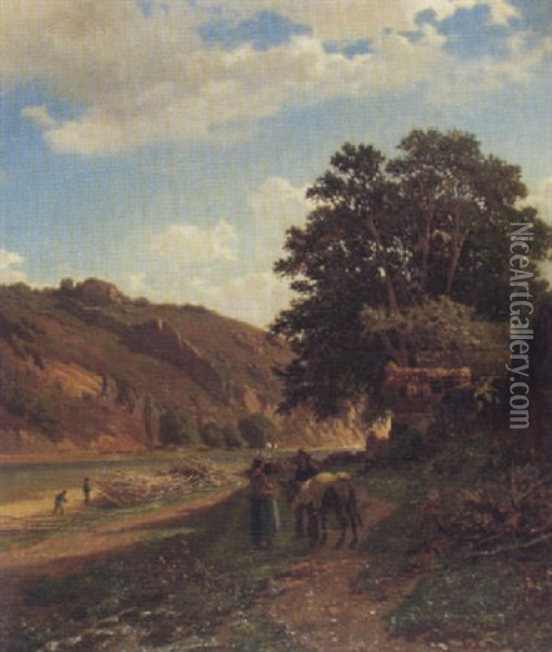 Flussufer Mit Figuren, Esel Und Treibholz Oil Painting - Jean Francois Xavier Roffiaen