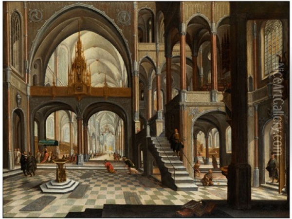 Tria Einer Gotischen Kirche Mit Figurenstaffage Oil Painting - Hendrick Aerts
