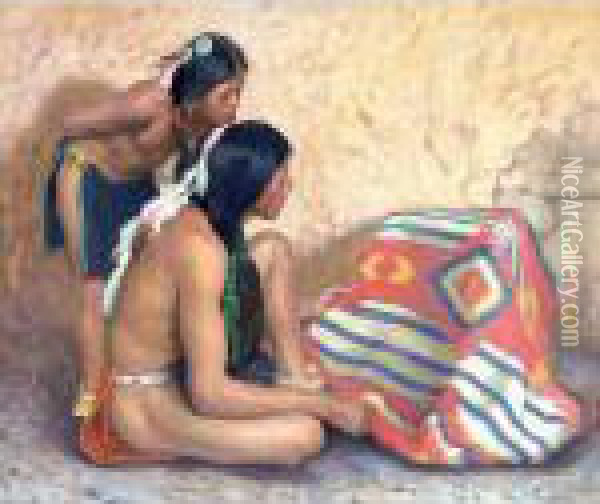 Indian Boy And Brave Looking At A Blanket Oil Painting - Eanger Irving Couse