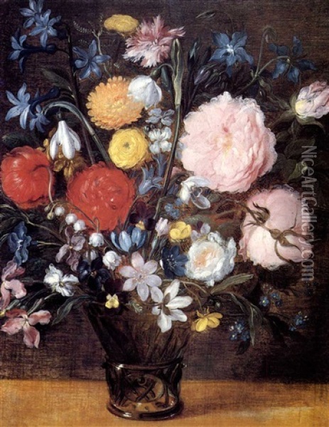 Flowers In A Glass On A Ledge Oil Painting - Jan Brueghel the Elder