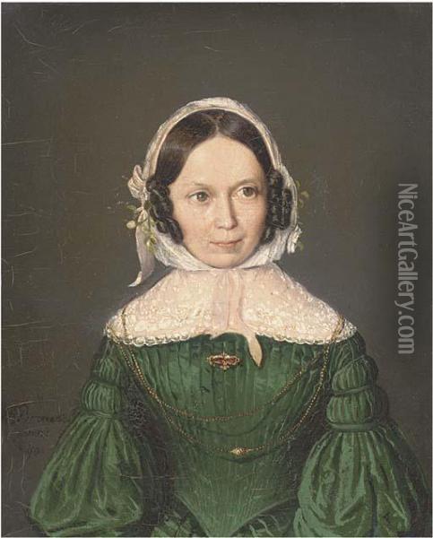 Portrait Of A Lady, Half Length In A Green Dress, Lace Collar And Bonnet Oil Painting - Karl Brauer