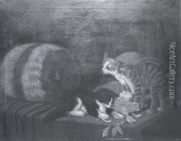 Depiction Of Four Kittens On A Table Top Oil Painting - Sidney Lawrence Brackett