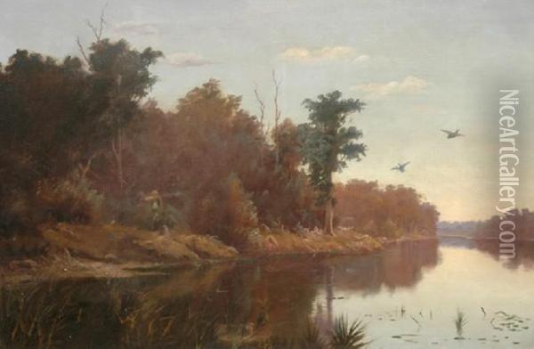 Duck Shooter Beside Ariver X 90cm Oil Painting - Ernest William Christmas