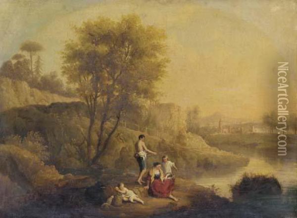 Peasants Resting And Fishing By The Riverbank Oil Painting - Francesco Zuccarelli