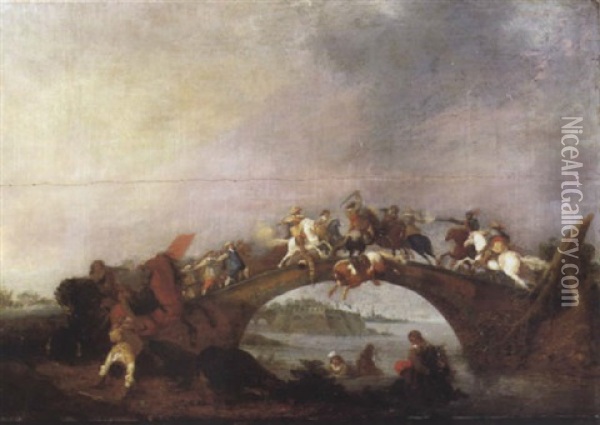 Choc De Cavalerie Sur Un Pont Oil Painting - Simon Johannes van Douw