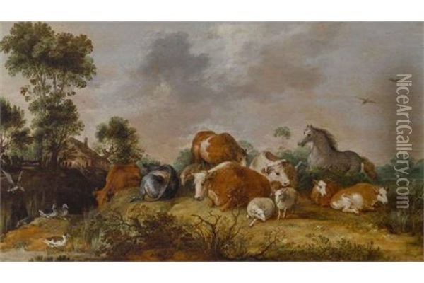 Weidelandschaft Mit Vieh, Einem Pferd Und Enten Oil Painting - Gillis Claesz De Hondecoeter