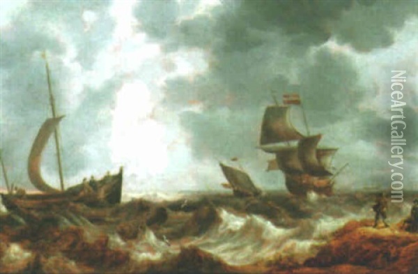 A Dutch Sailing Ship And Other Shipping In Stormy Sea, With Two Figures On The Shore Oil Painting - Bonaventura Peeters the Elder