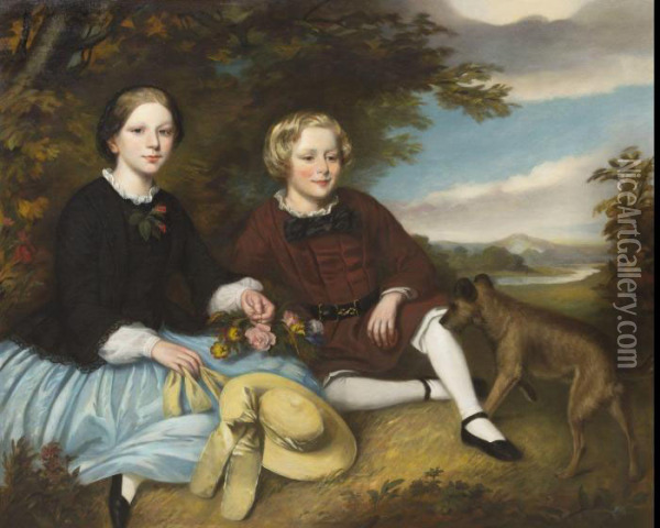Portrait Of A Girl And Boy Oil Painting - Edward Charles Barnes