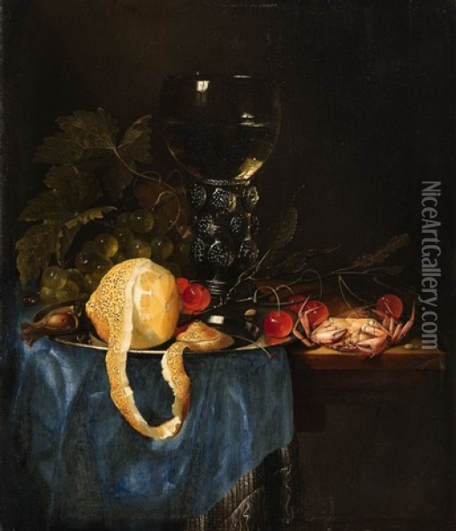 Still Life With A Lemon, Rummer, Grapes, Cherries And Shellfish Oil Painting - Pieter de Ring