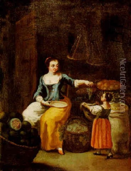 A Kitchen Interior With A Mother And Child Oil Painting - Giuseppe Maria Crespi