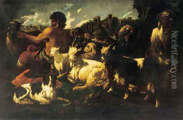 A goatherd in an Italianate landscape Oil Painting - Philipp Peter Roos