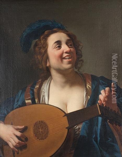 A Woman Tuning A Lute Oil Painting - Gerrit Van Honthorst