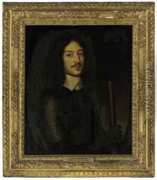 Portrait Of James Graham, 1st 
Marquess Of Montrose (1612-1650), Half-length, In Armour, Holding A 
Baton Of Command, In A Feigned Oval Oil Painting - Gerrit Van Honthorst
