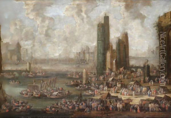A Capriccio Harbour Scene With Numerous Figures And Merchants On The Quay Oil Painting - Pieter Casteels