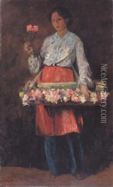 Flower Seller Girl Oil Painting - Tivadar Zemplenyi