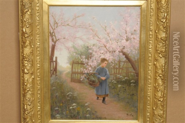 Young Girl Carrying A Basket On A Sunlit Path In An Orchard Oil Painting - Jean-Paul Haag