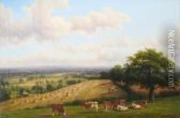 Harvesting Near Barford Oil Painting - Thomas Baker Of Leamington