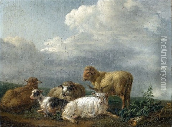 Ziegen Und Schafe In Einer Flachen Landschaft (pair) Oil Painting - Joseph Roos