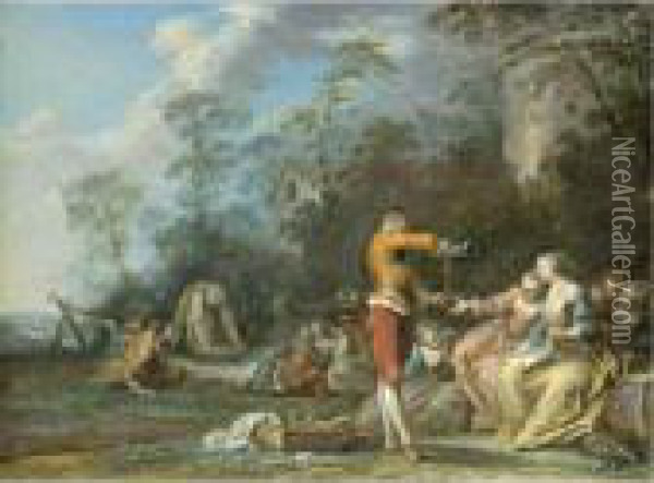 A Fete Galante With Figures Picnicking In A Landscape Oil Painting - Sebastien Jacques Leclerc Des Gobelins