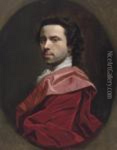 Self-portrait, Bust-length, In A Red Mantle, In A Feignedoval Oil Painting - Allan Ramsay