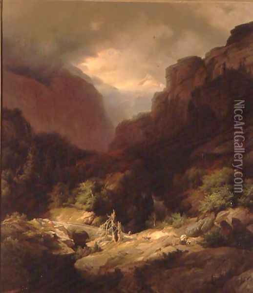 An Alpine Landscape in a Storm Oil Painting - Johann Gottfried Steffan