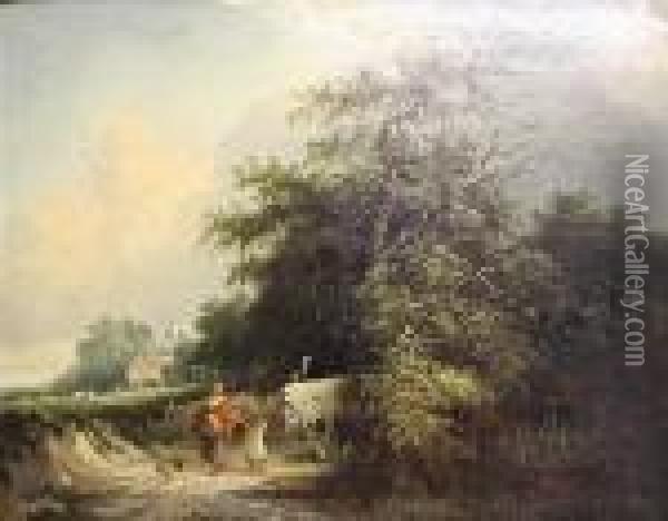 Mother And Child On A Country Lane; Travellersresting Oil Painting - Edward Jr Williams