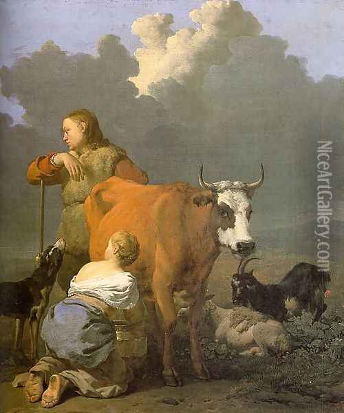 Woman Milking a Red Cow 1650s Oil Painting - Karel Dujardin