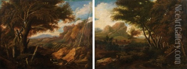 Paysages Aux Arbres Et Forteresse (pair) Oil Painting - Gaspard Dughet