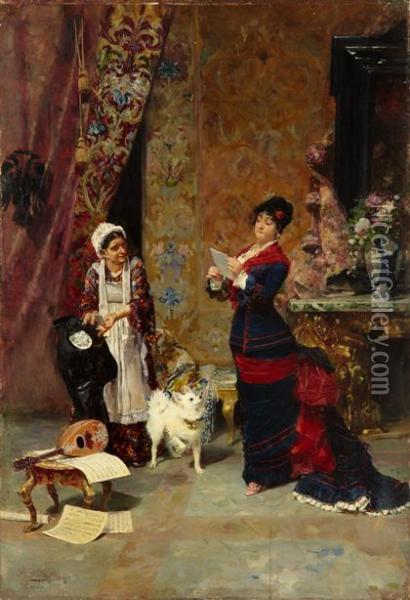 Reading The News Oil Painting - Francisco Peralta del Campo